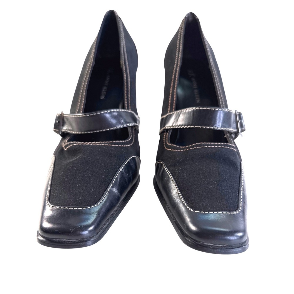ANNE KLEIN Mary Jane‎ Black Fabric Leather Square Toe Block Heel Pumps Size 7M